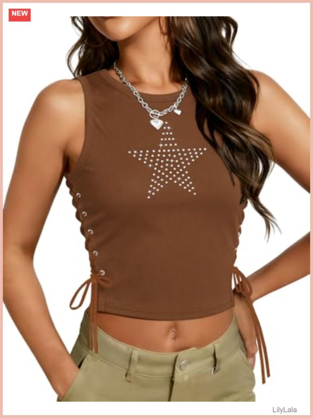 Y2K Rhinestone Star Lace Up Tank Top Sleeveless Crop